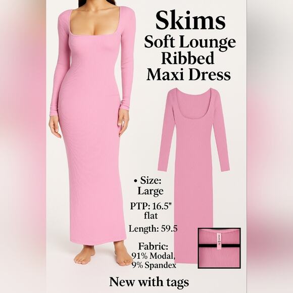 SKIMS Dresses & Skirts - NWT Skims Pink Soft Ribbed Maxi Dress|Size Large (Cotton Candy) Sold Out Online